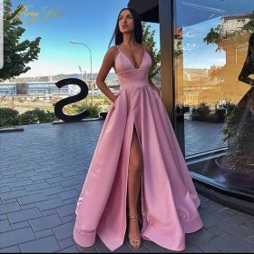 Women's Slim-fit Suspender Dress Deep V Slit Evening Dress (Option: Pink-S)