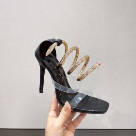 Metal Serpentine Surround Square Head Stiletto Sandals Women (Option: Black-41)